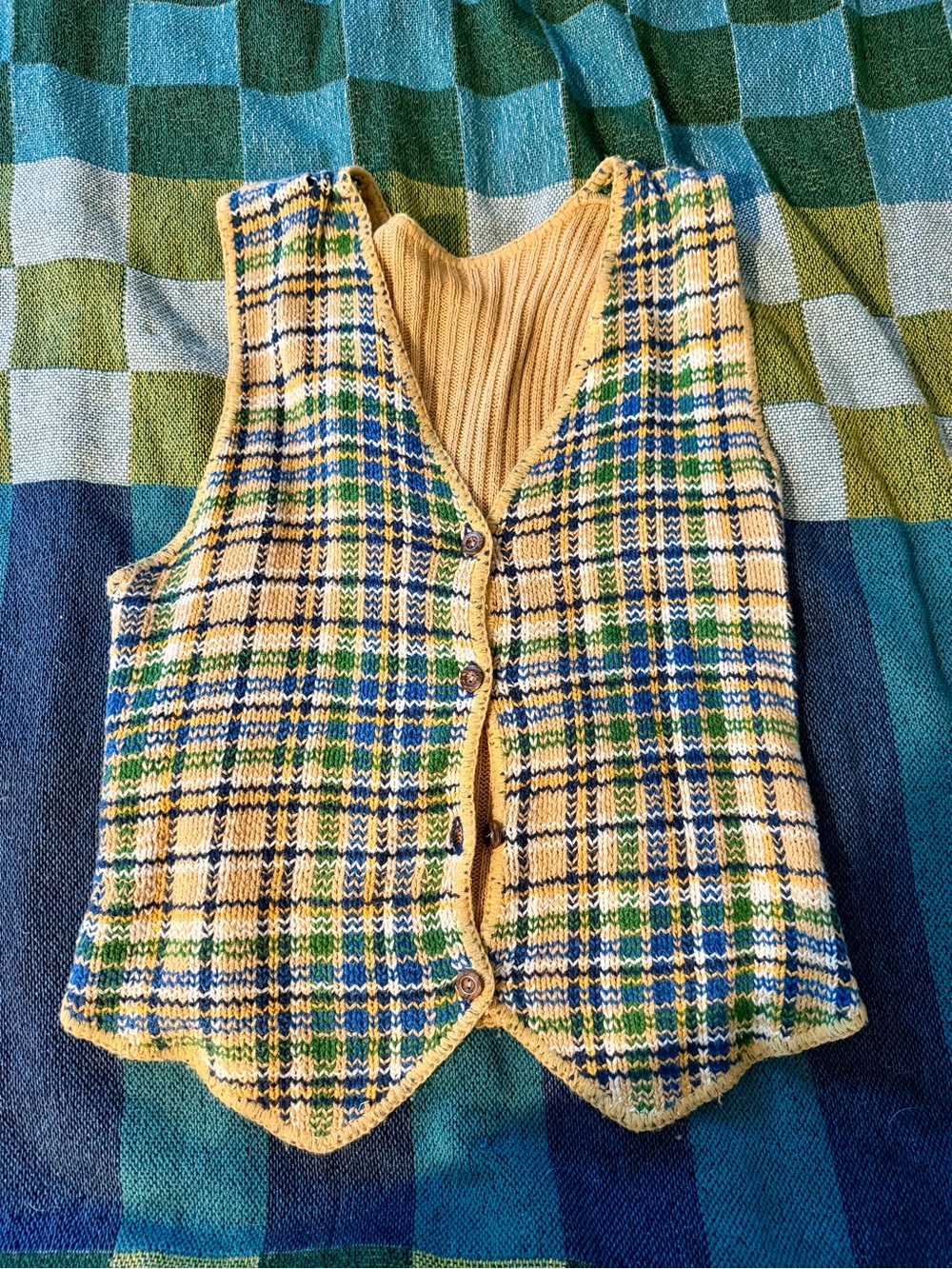 Yellow Plaid Knit Button Vest with Blue & Green Accents